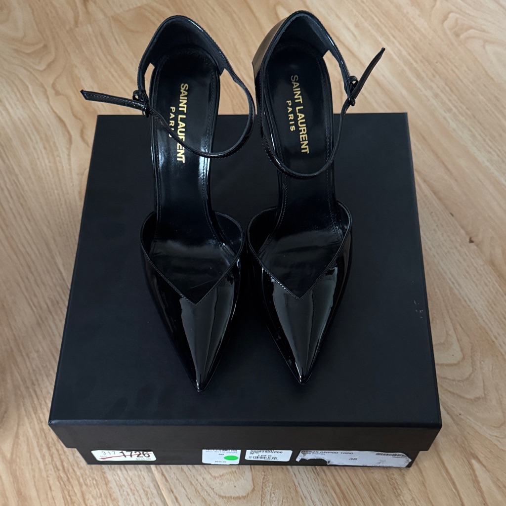 Saint Laurent Black Patent Pointed-Toe Ankle-Strap Heels